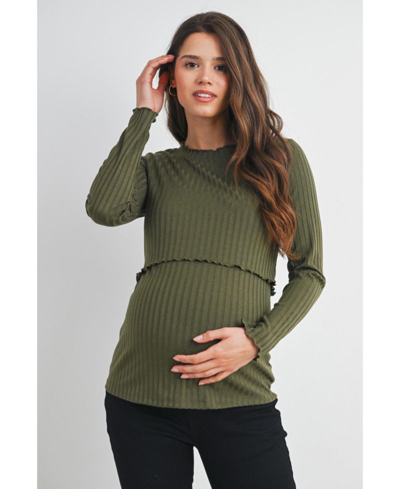Maternity Long Sleeve Ribbed Double Layer Nursing Top