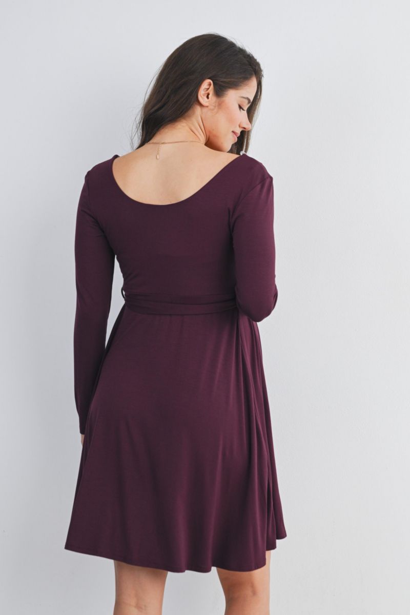 Women's Scoop Neck Long Sleeve Tie Waist Dress