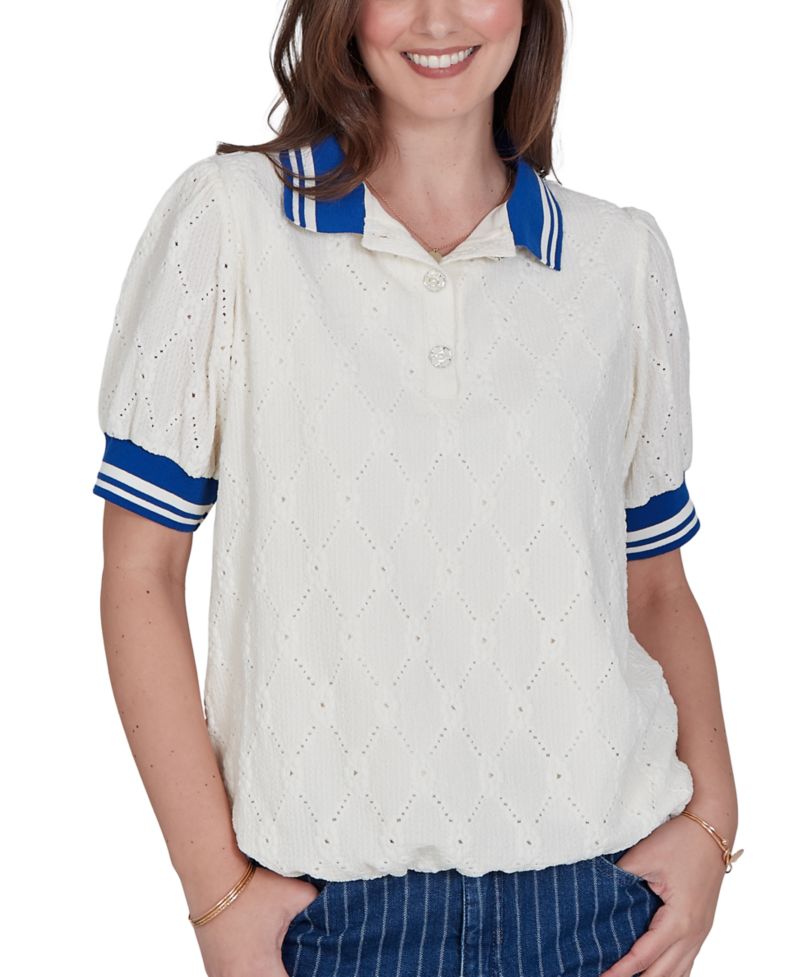 Petite Diamond-Eyelet Bubble-Hem Polo