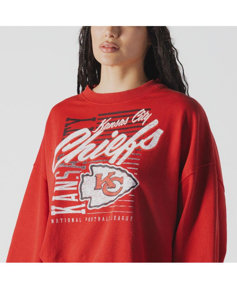 Women's Red Kansas City Chiefs Oversized Throwback Mineral Wash Crew Neck Sweatshirt