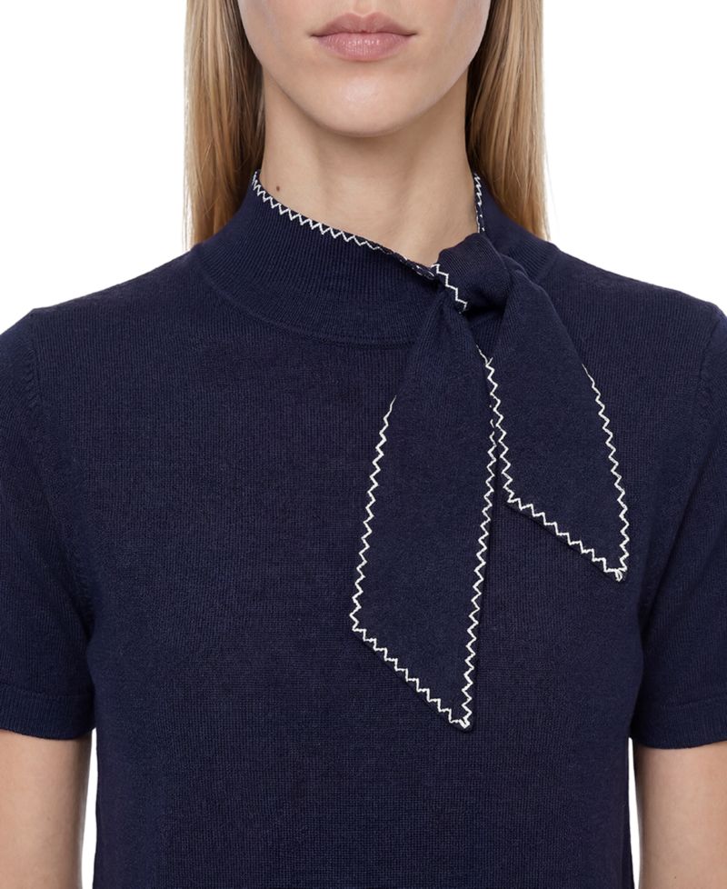 Women's Short-Sleeve Mock-Neck Scarf-Tie-Neck Sweater