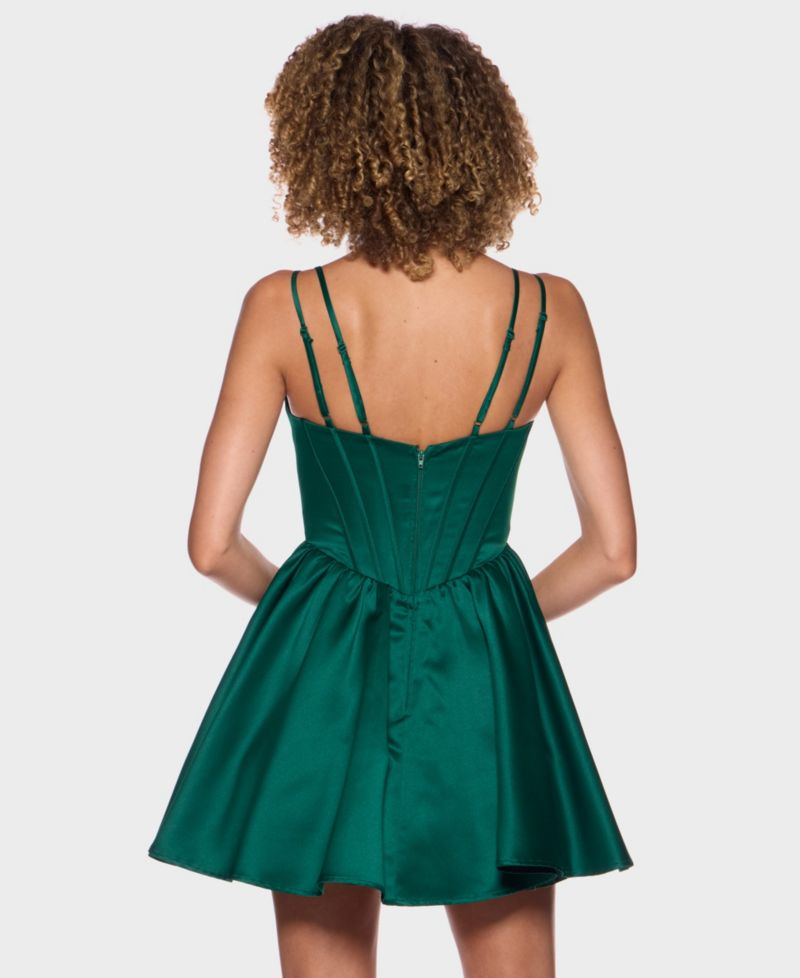 Juniors' Corseted Drape Neck Stone Detail Satin Mini Dress