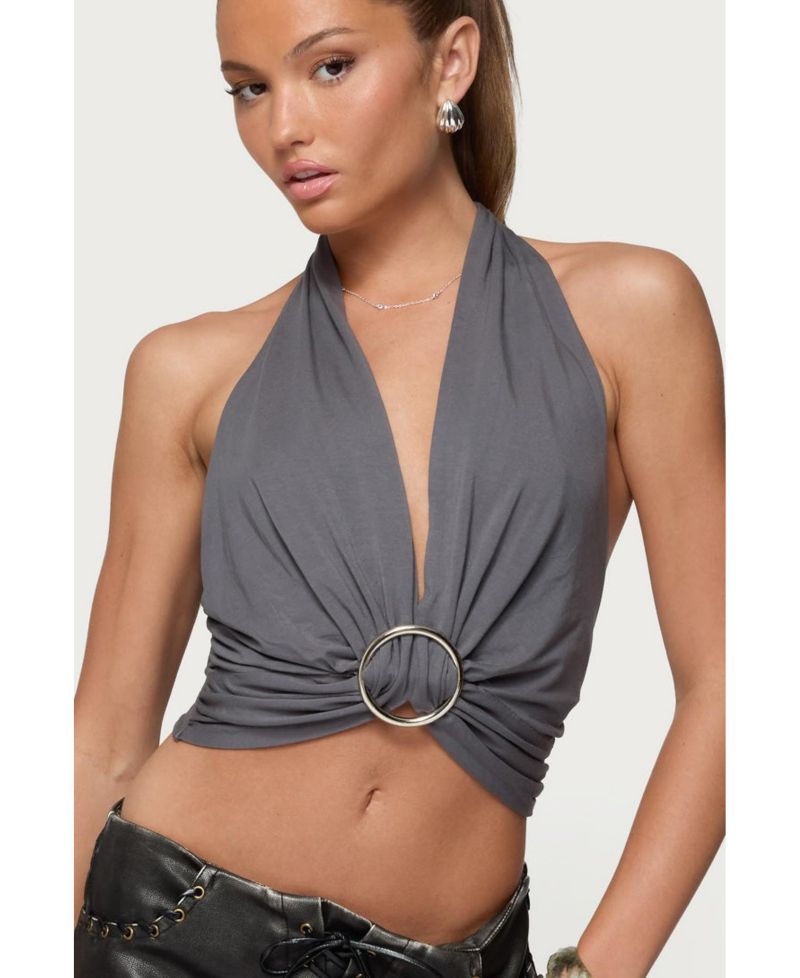 Womens Nessie Metal Ring Backless Halter Top