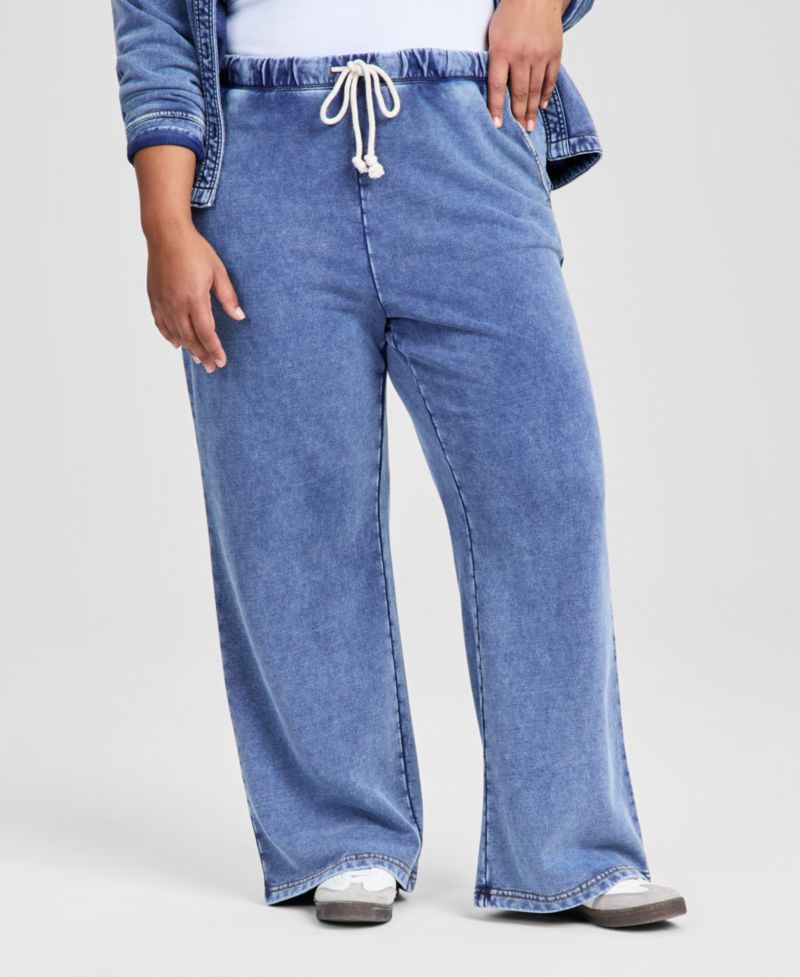 Petite Faux-Denim French Terry Wide-Leg Pants