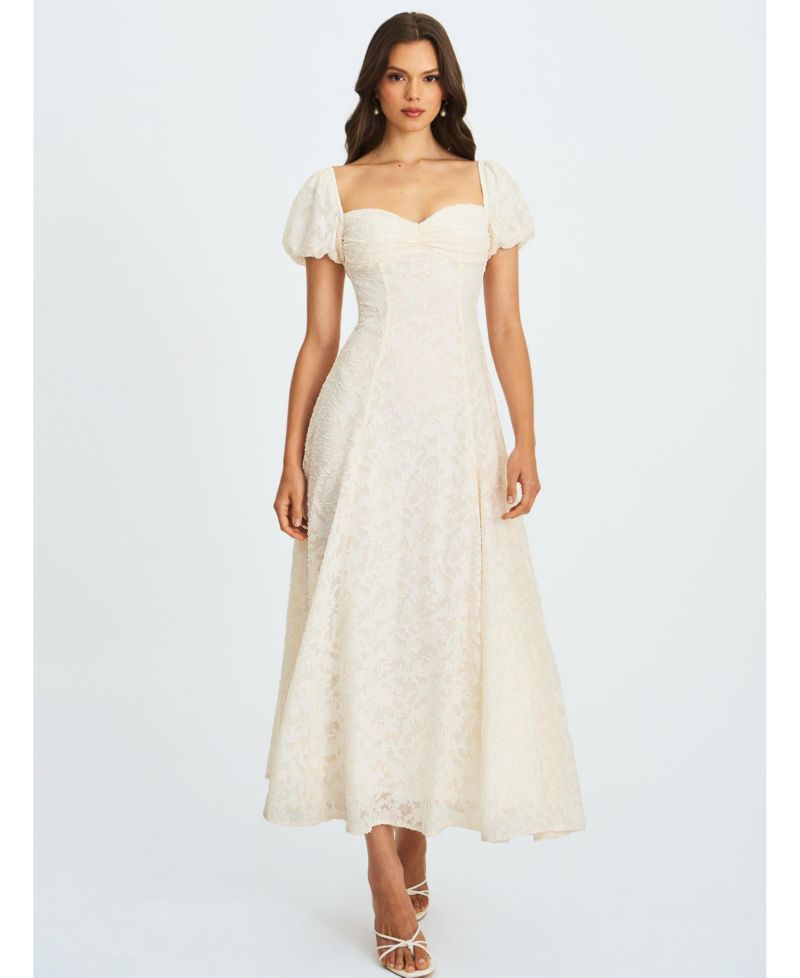 Women Pandora White Bubble Sleeve Backless Maxi Dress