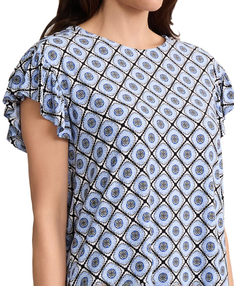 Petite Round Neck Flutter Short-Sleeve Top