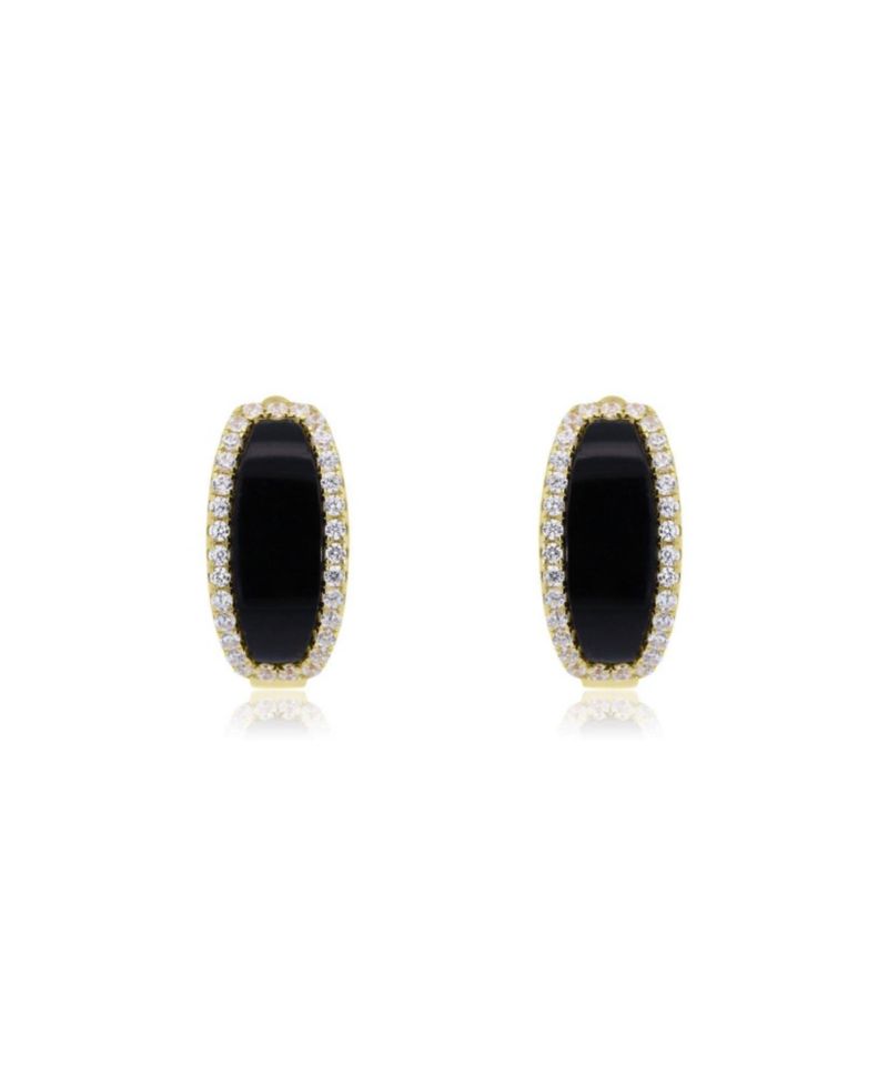 Onyx CZ Oval Hoop Earrings 14K Gold-Plated Sterling Silver