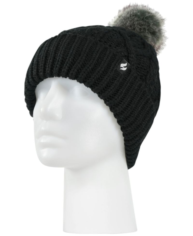 Brina Solid Cable Knit Roll Up Pom-Pom Hat