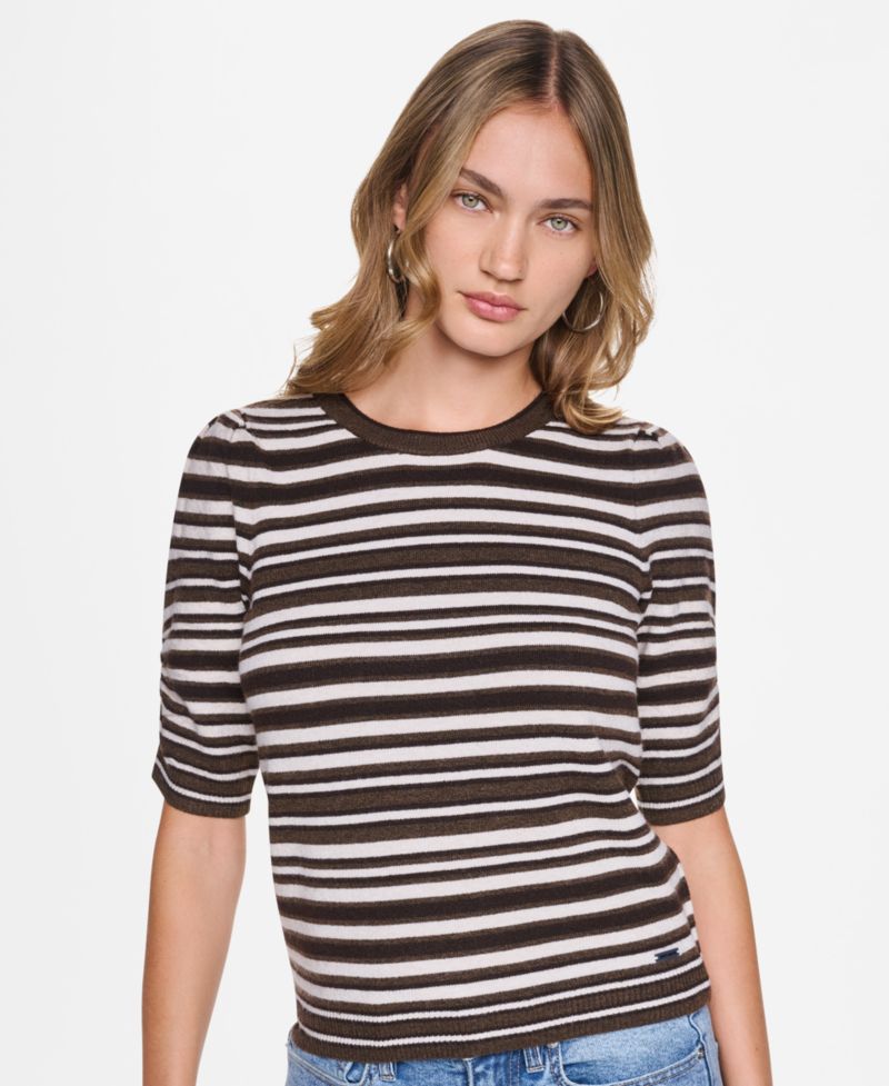 Women's Striped Puff-Sleeve Crewneck Sweater
