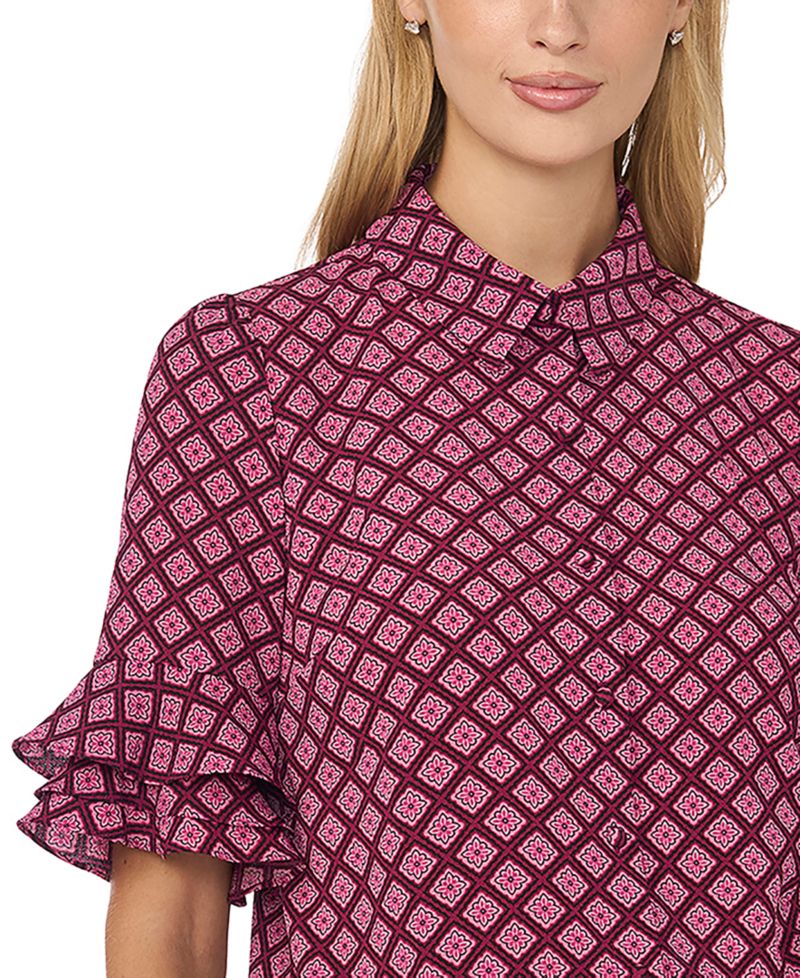 Women's Collared Button Up with Ruffle Sleeve Opening Geometric-Print Blouse