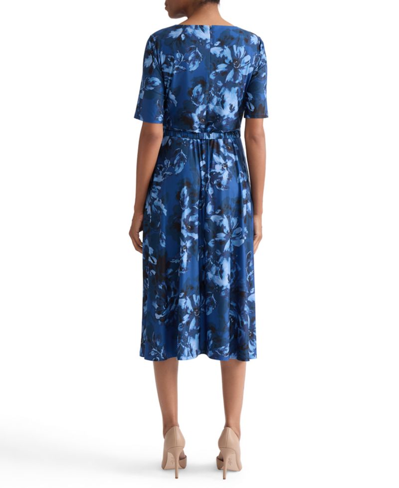 Women's Pleat-Neck Belted Short-Sleeve Dress