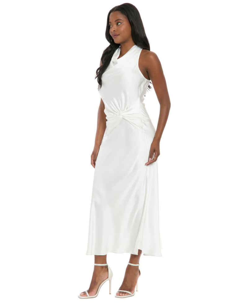 Women's Cowl Neck Side Twist Sleeveless Midi Dress