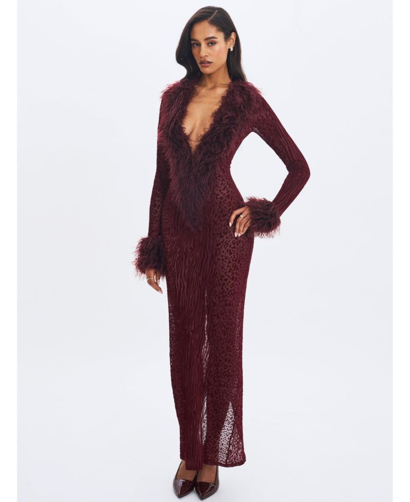 Women's Luana Burgundy Plunging Fur Trimmed Crochet Maxi Dress