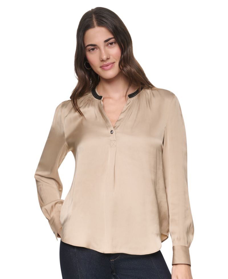 Women's V-Neck Satin Long-Sleeve Top