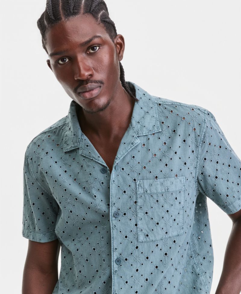 Men's Cotton Eyelet Garment-Dyed Short-Sleeve Camp Shirt