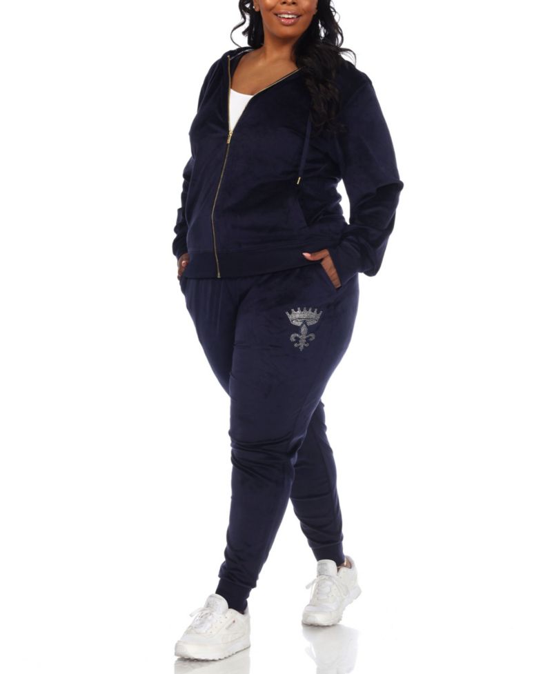 Plus Size Rhinestone Velour Tracksuit 2 Piece Set