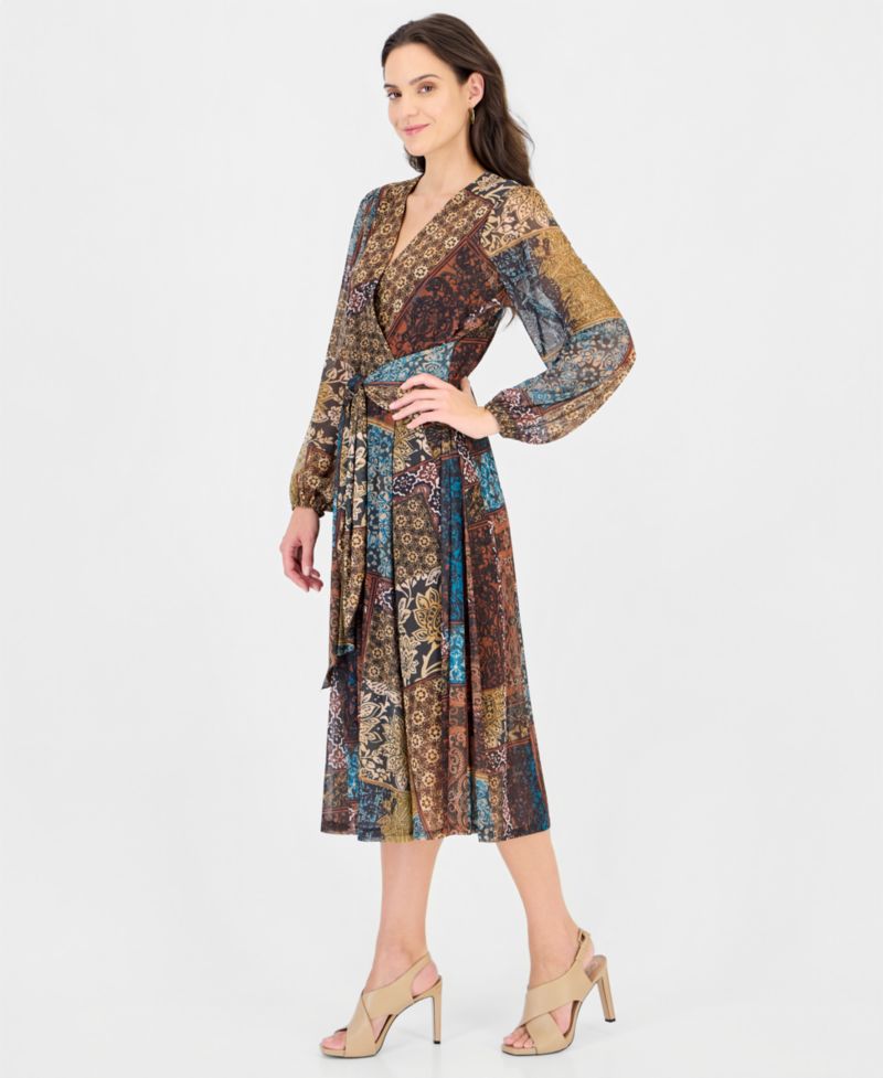 Women's Print Surplus V-Neck Long-Sleeve Wrap Midi Dress