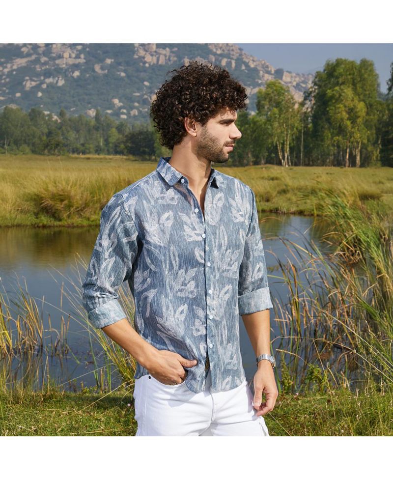 Men's Steel Blue Stroked-Petals Shirt