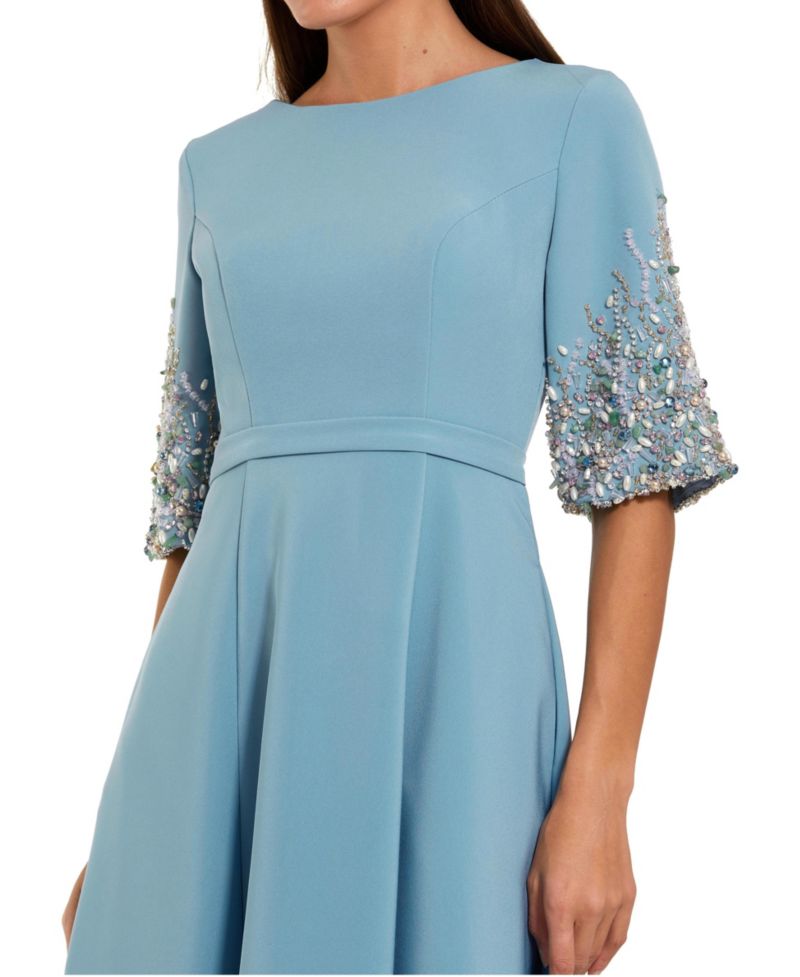 Women's 3/4 Sleeve Crepe Gown With Sleeve Embellishments