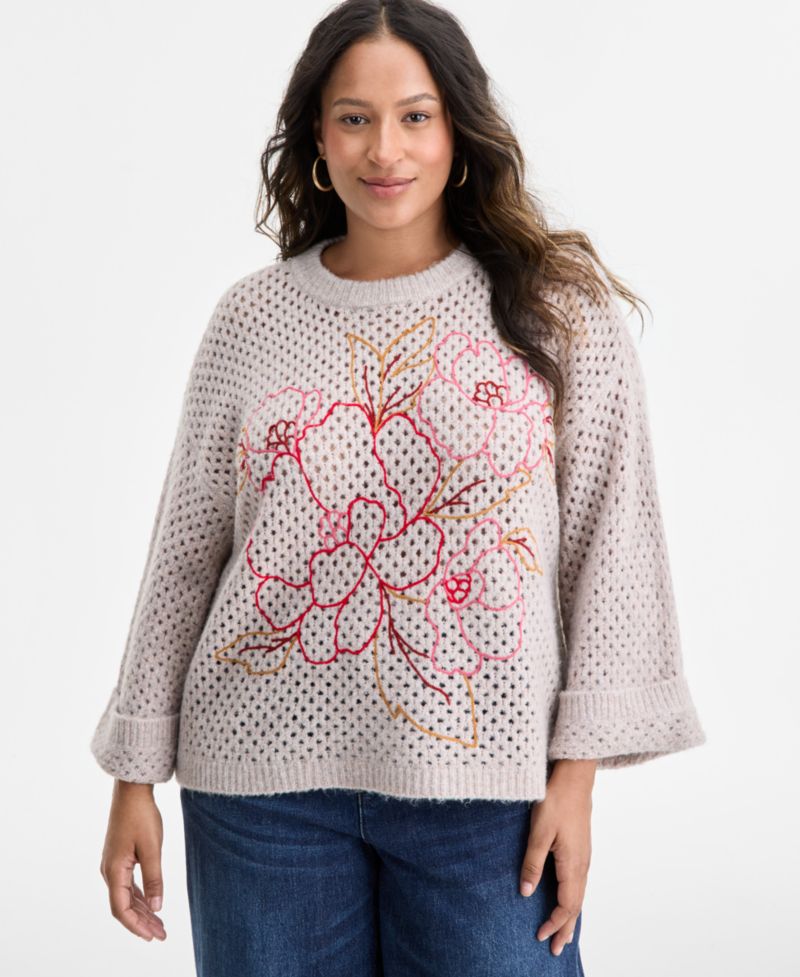 Plus Size Long Sleeve Floral Embroidered Sweater