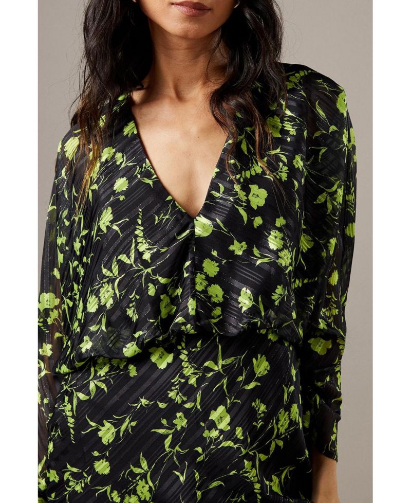 Women's Shadow Stripe Floral Batwing Midi Dress