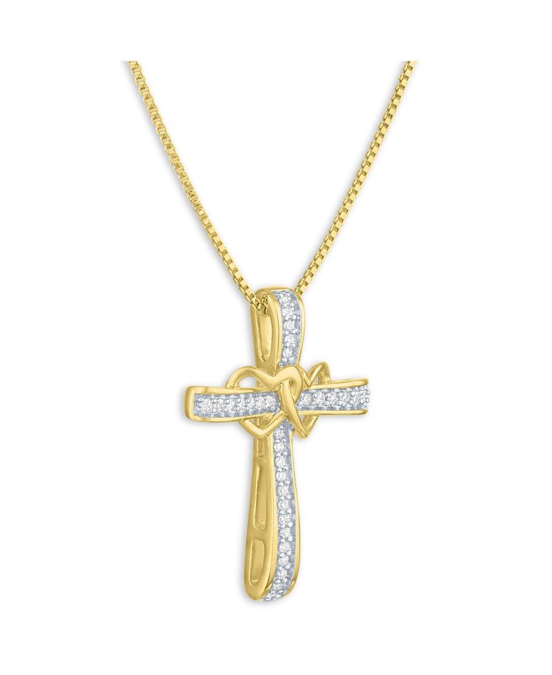 Diamond Double Heart Cross Pendant Necklace (1/10 ct. t.w.) in 14k Gold-Plated Sterling Silver