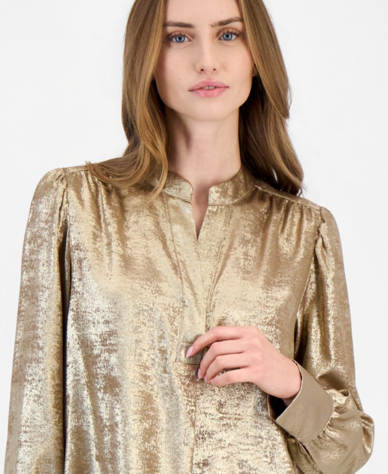 Women's Shimmer Pleat-Front Long-Sleeve V-Neck Blouse