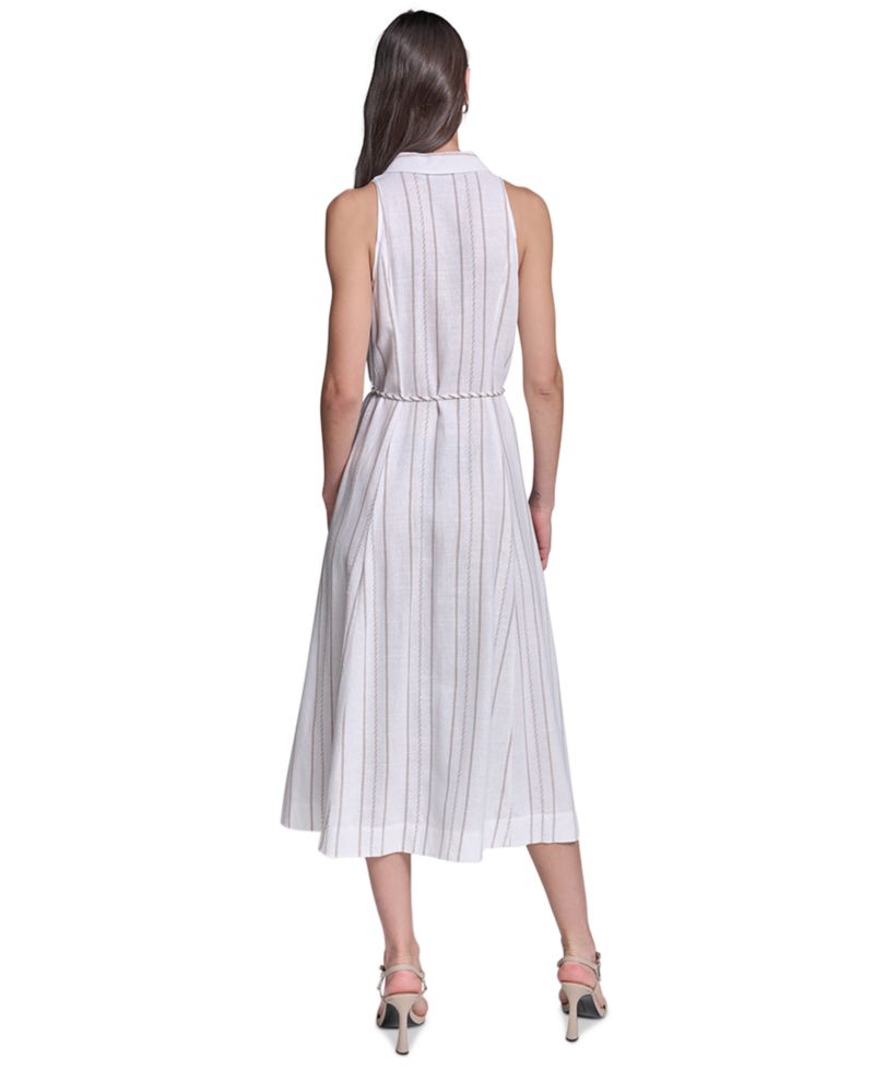 Women's Striped Rope Belt Midi Shirt-Dress