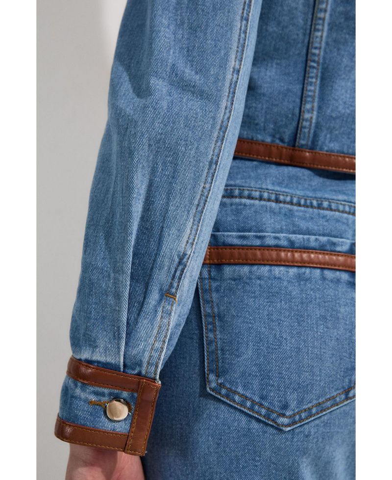 Women's Denim and Leather Collarless Jacket
