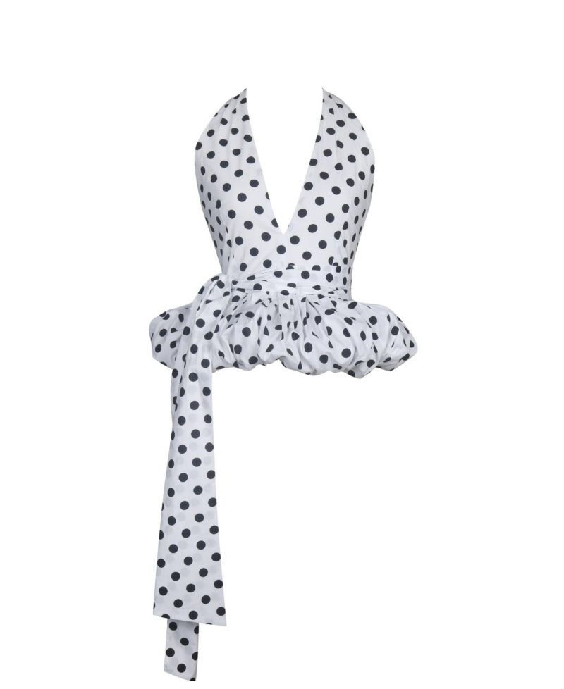 Women's Ilene White and Black Polka Dot Bubble Hem Halter Top