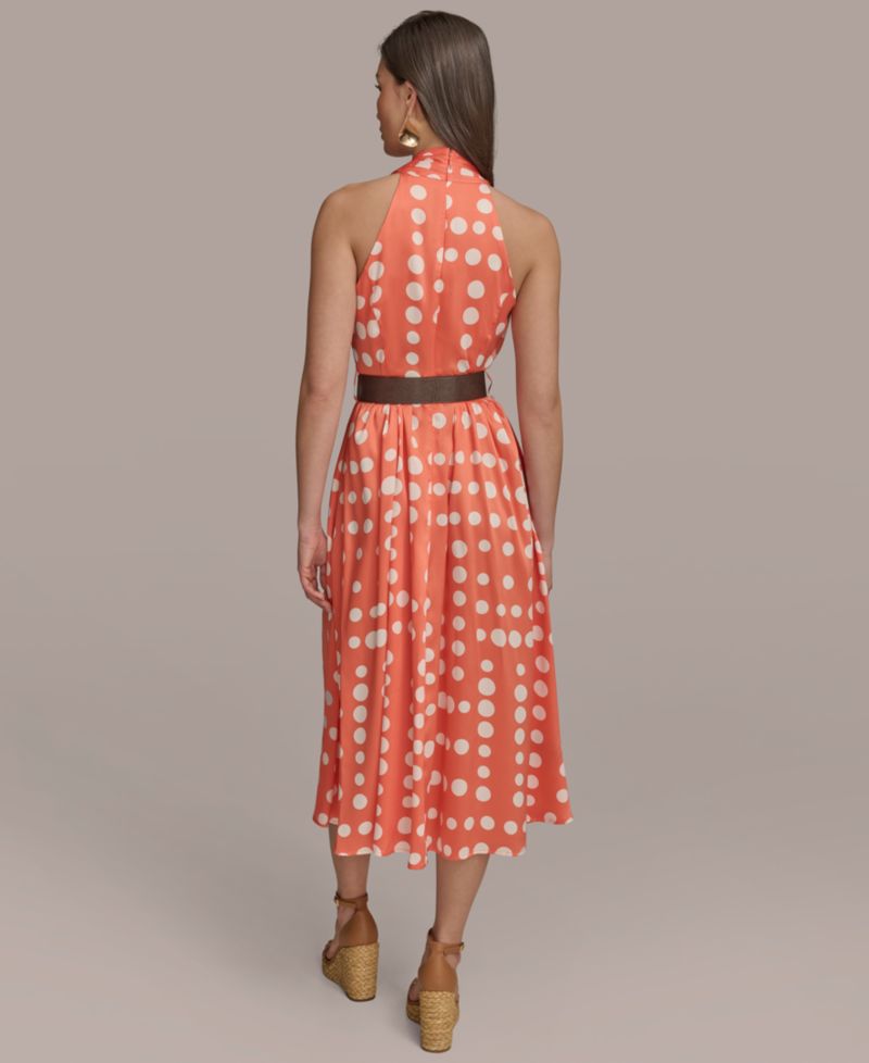 Women's Polka-dot Belted A-line Midi Dress