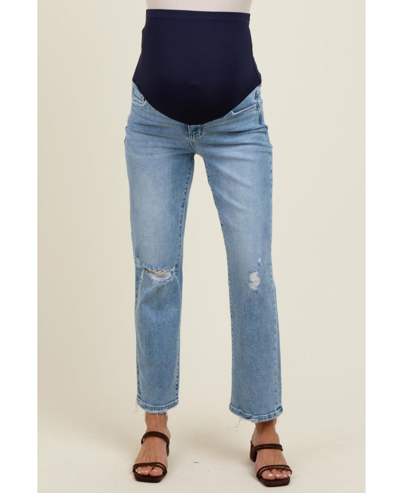 Women's Light Blue Distressed Open Knee Ankle Straight Leg Jeans