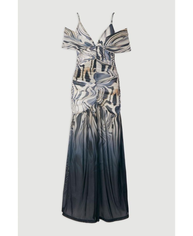 Women's Marble Print Mesh Plunge Maxi Dress