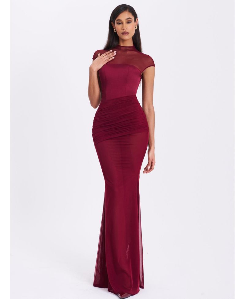 Women's Fabienne Burgundy Mesh Cap Sleeve Mermaid Gown