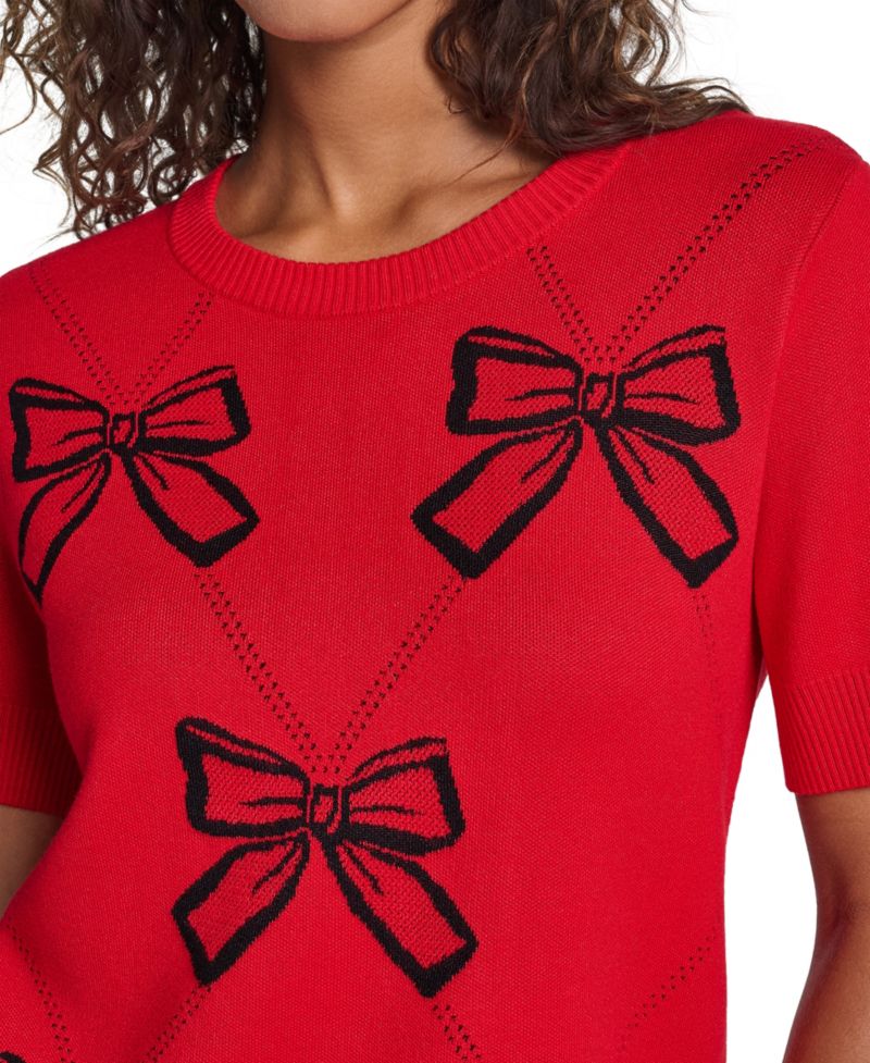 Women's Argyle 3D Bow Short-Sleeve Pullover Sweater