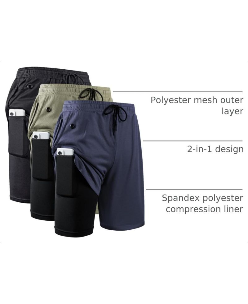 Men's 2 In 1 Workout Running Shorts 7 Inch Lightweight Athletic Gym With Liner Pockets