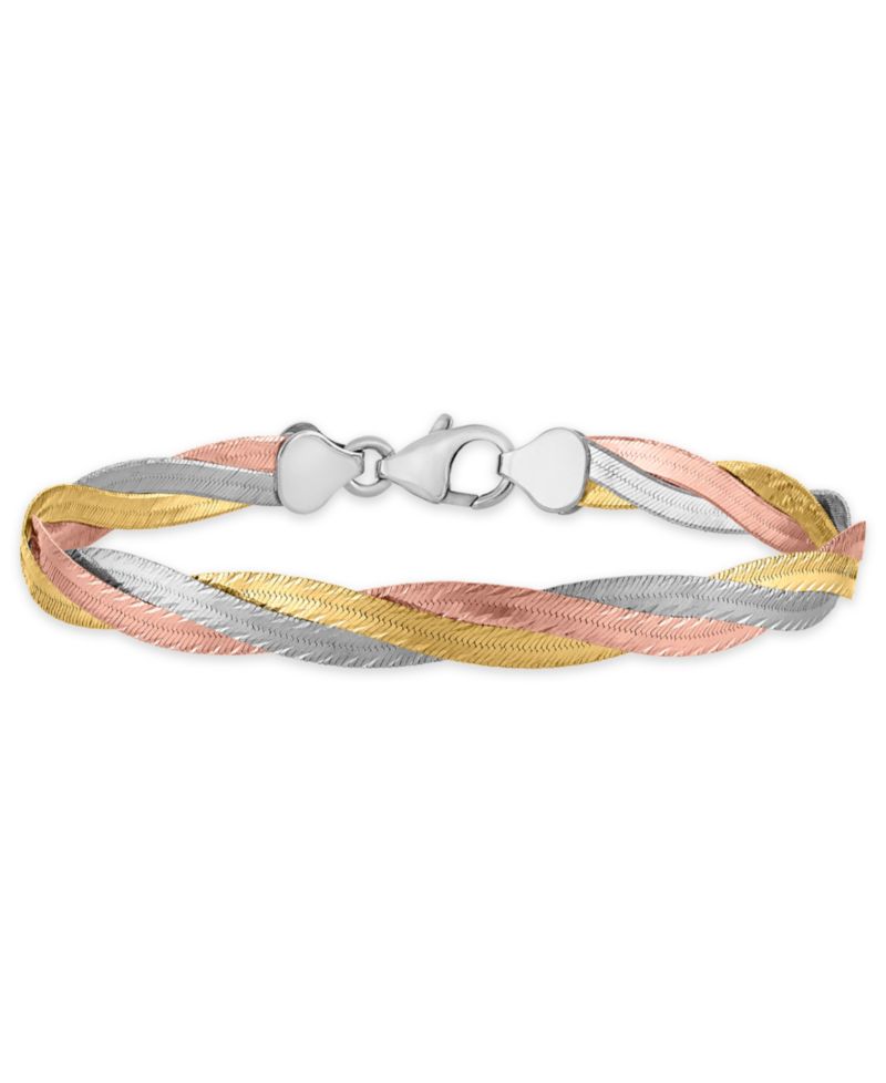 Macy's Braided Textured Diamond Cut Bracelet in 14k Tri-Color Gold Over Sterling Silver