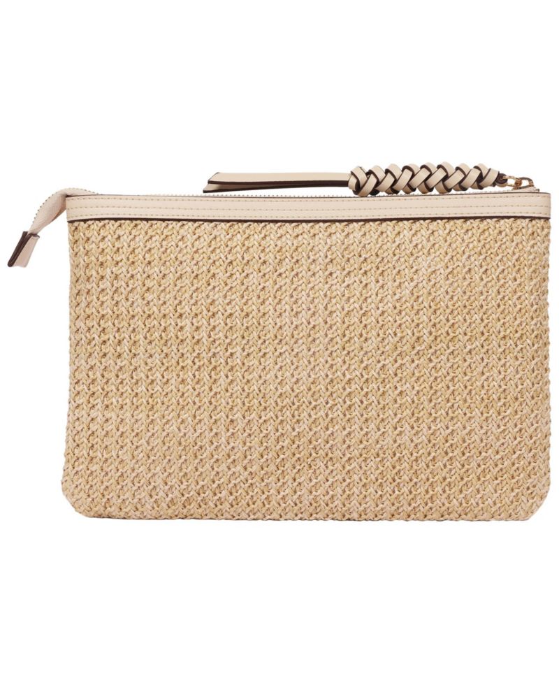 Happy Vacay Raffia Clutch - Woven Straw Zip Pouch with Embroidered Lettering