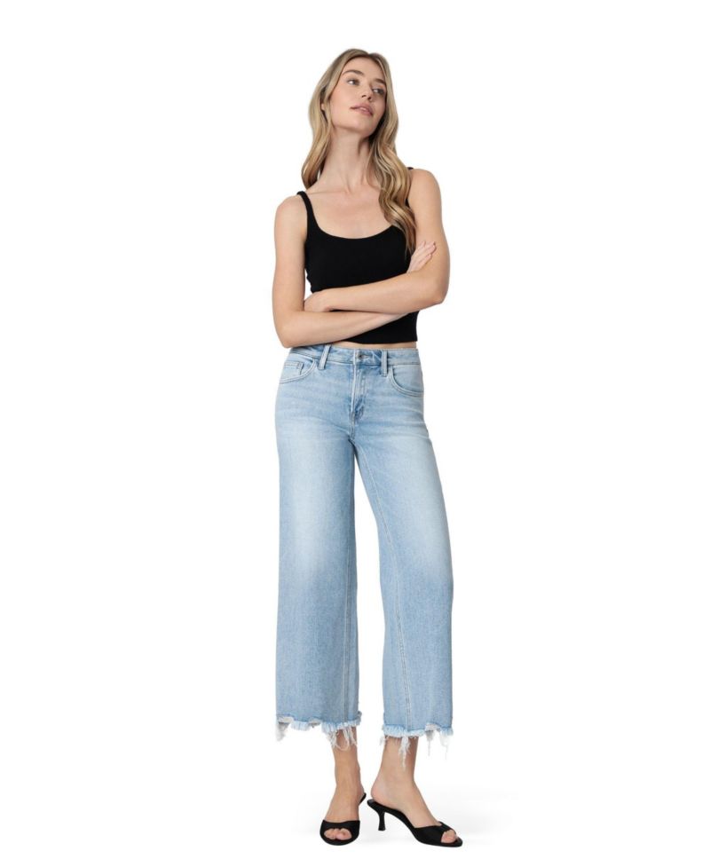Women's Mid Rise Raw Distressed Hem Crop Wide Leg Jeans