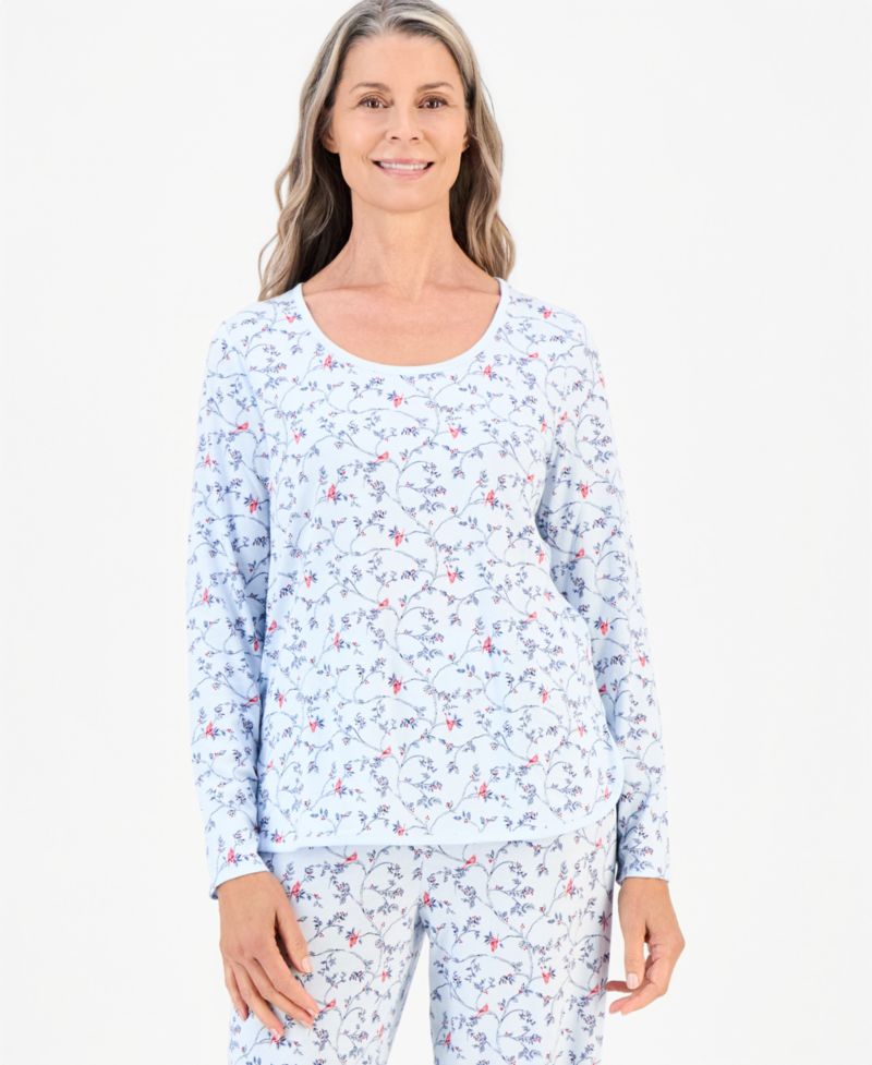 Women's 100% Pima Cotton Long-Sleeve Scoop Neck Pajama Top and Pants Set