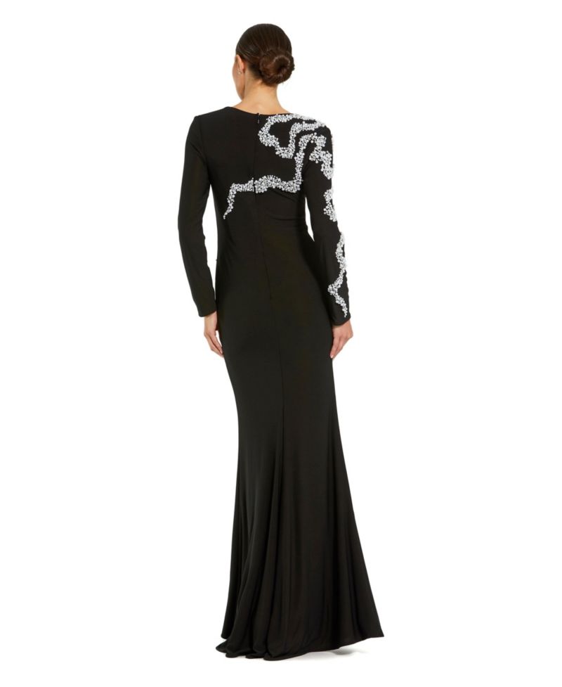 Petite Jersey Long Sleeve Beaded Column Gown