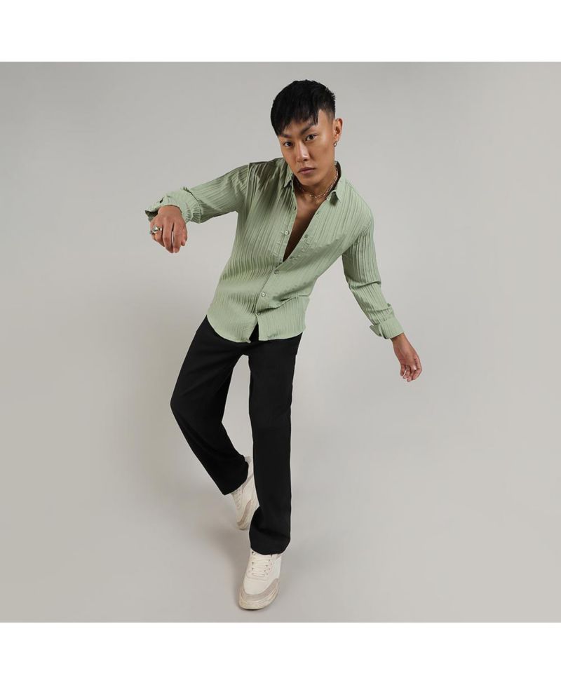 Men's Pistachio Green Self-Design Striped Shirt