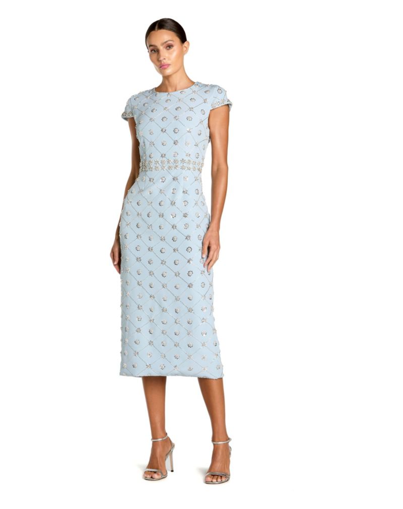 Women's Hand Embellished High Neck Cap Sleeve Midi Dress