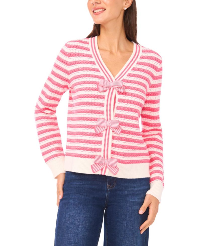 Women's Ribbon-Trim Striped Long-Sleeve Sweater