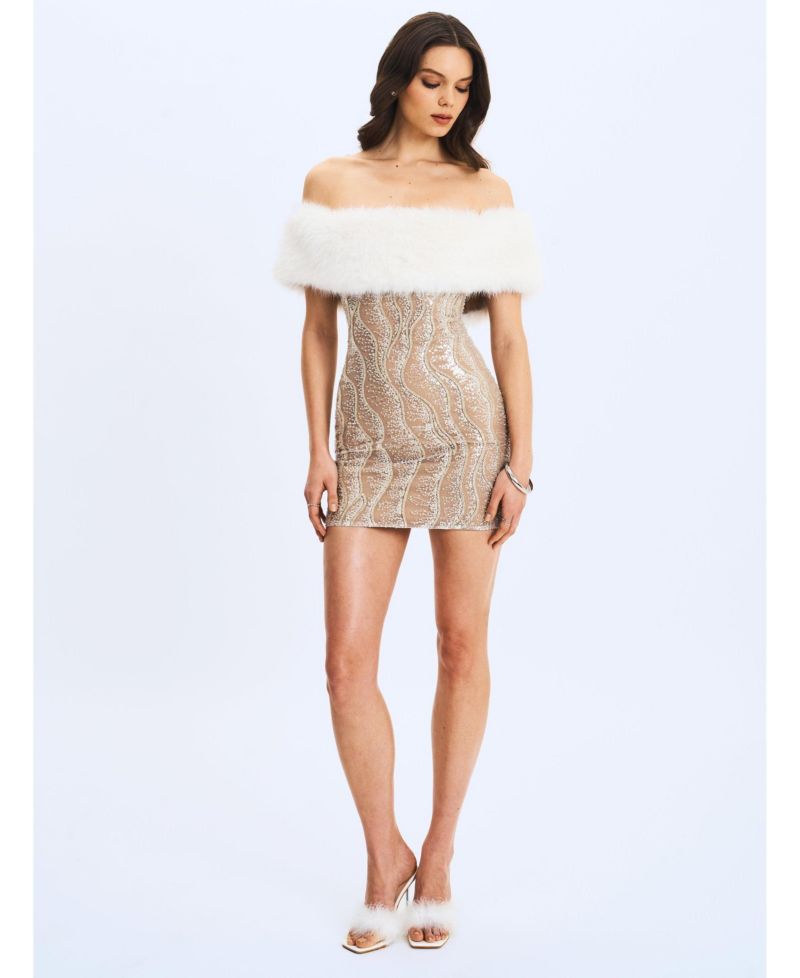 Women's Averie Faux Fur Off-Shoulder Sequin Mini Dress