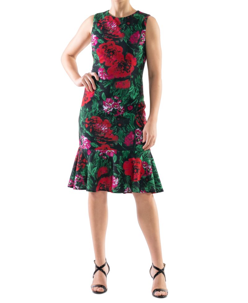 Women's Floral-Print Flounce-Hem Sheath Dress
