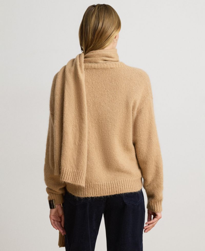 Women's Lofty Mohair Blend-Long Detachable Scarf V-Neck Sweater