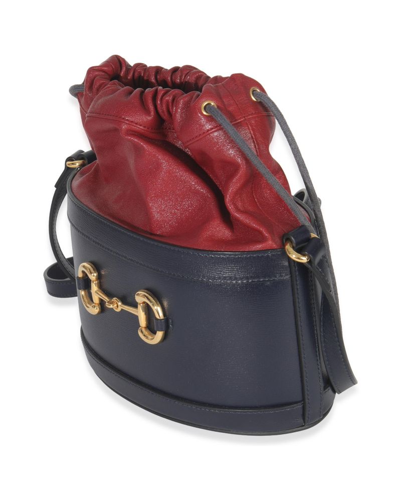 Red Navy Calfskin Horsebit 1955 Drawstring Bucket Bag