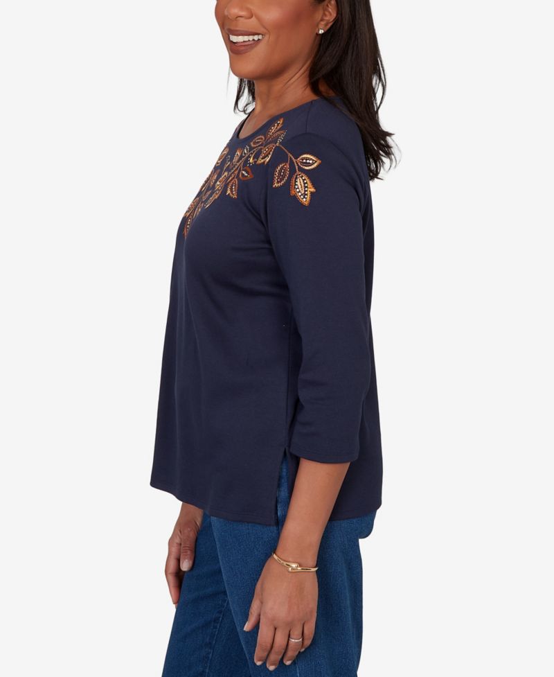 Petite Autumn Embroidered Navy Knit Top