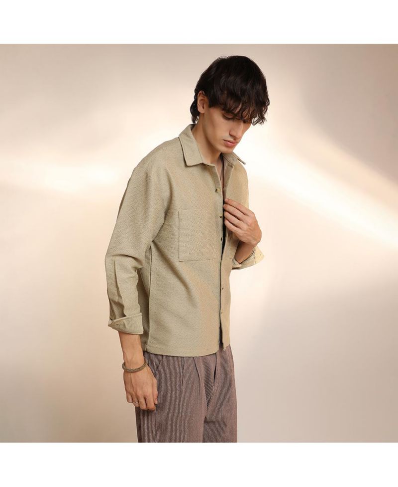 Men's Buff Beige Chevron-Woven Utility Shirt